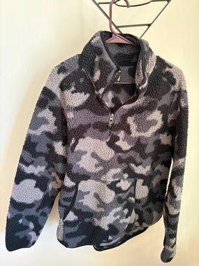 Womens Grey Camo Sherpa Quarter-Zip Pullover Sweater